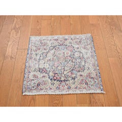 Blue Hand Knotted Old Persian Kerman Leaf and Bird Design All Wool Rug 1'7"x1'7"