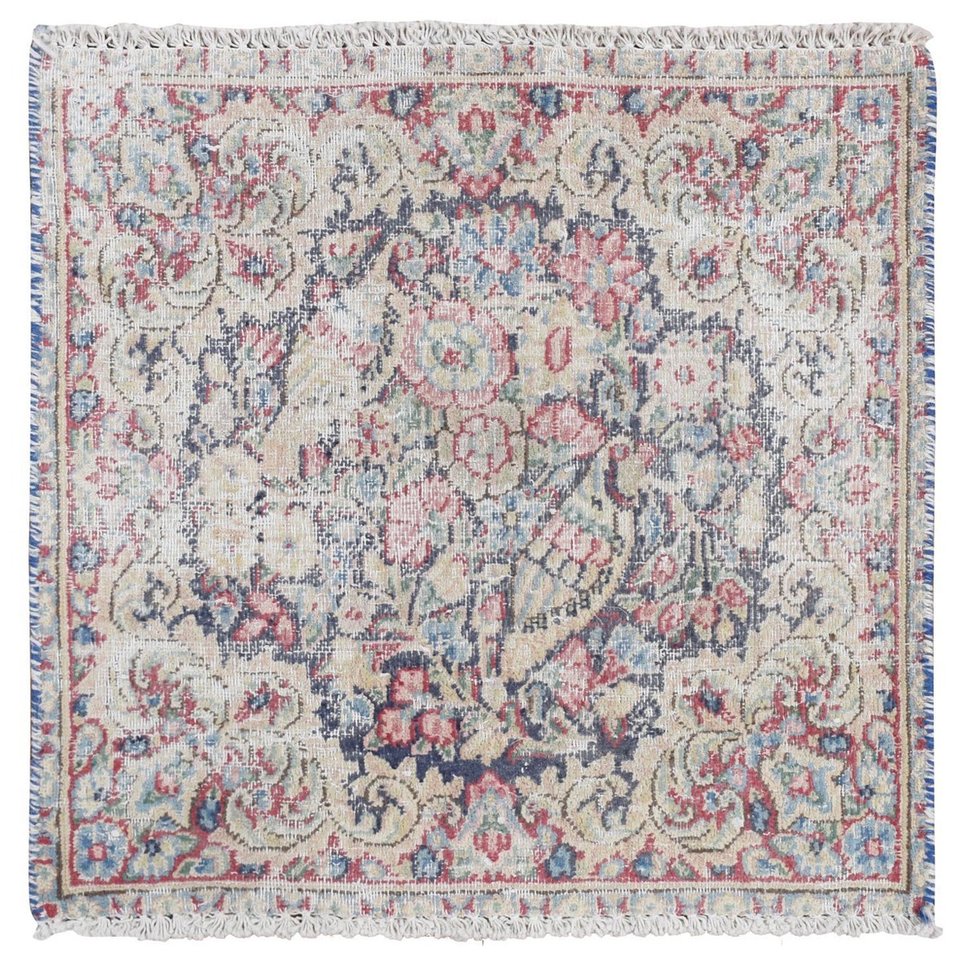 Blauer handgeknüpfter Teppich mit altem persischem Kerman-Blatt und Vogelmuster aus Wolle 1'7"x1'7" im Angebot