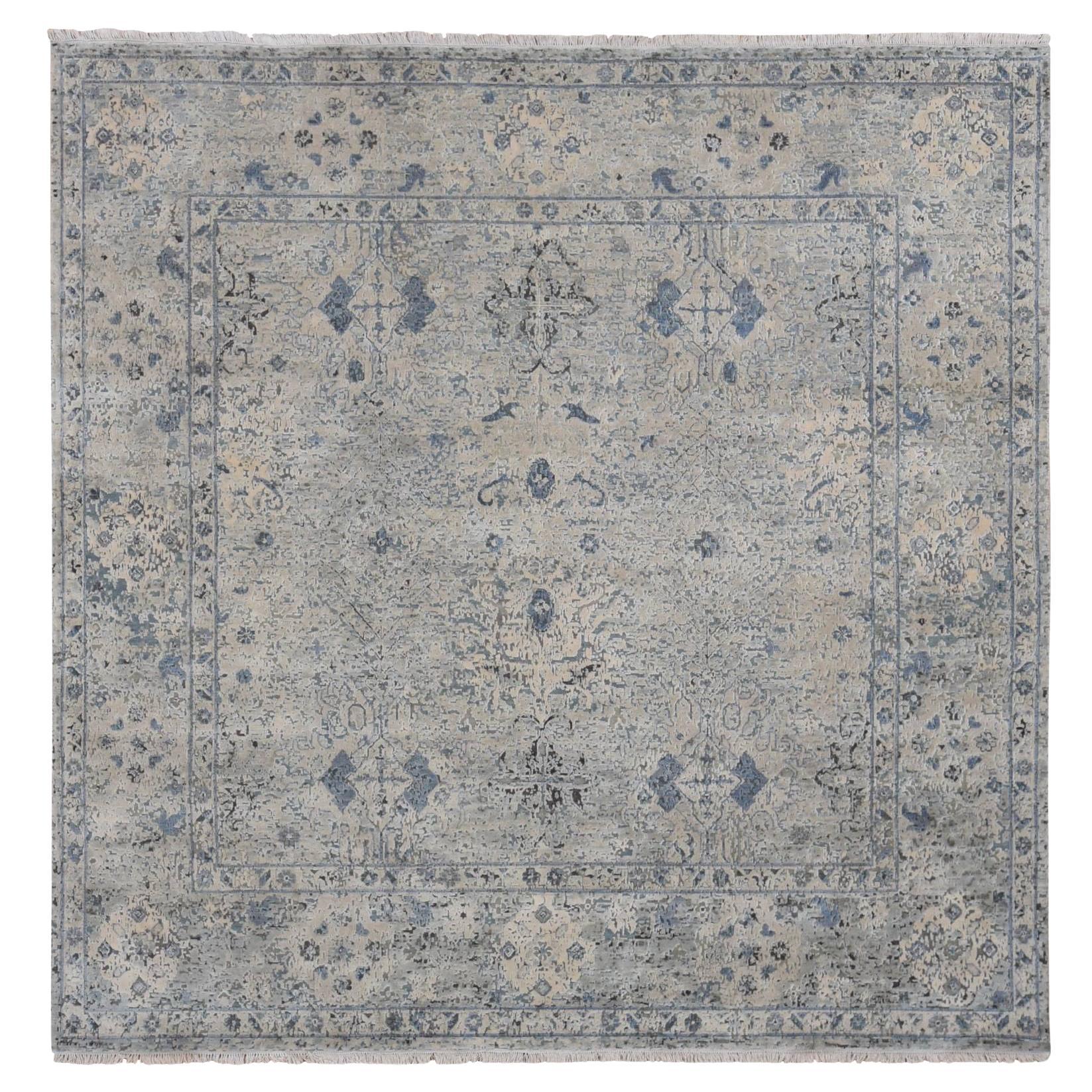Blue Hand Knotted Oushak Design Pure Silk with Wool Square Rug 10'2" x 10'2"