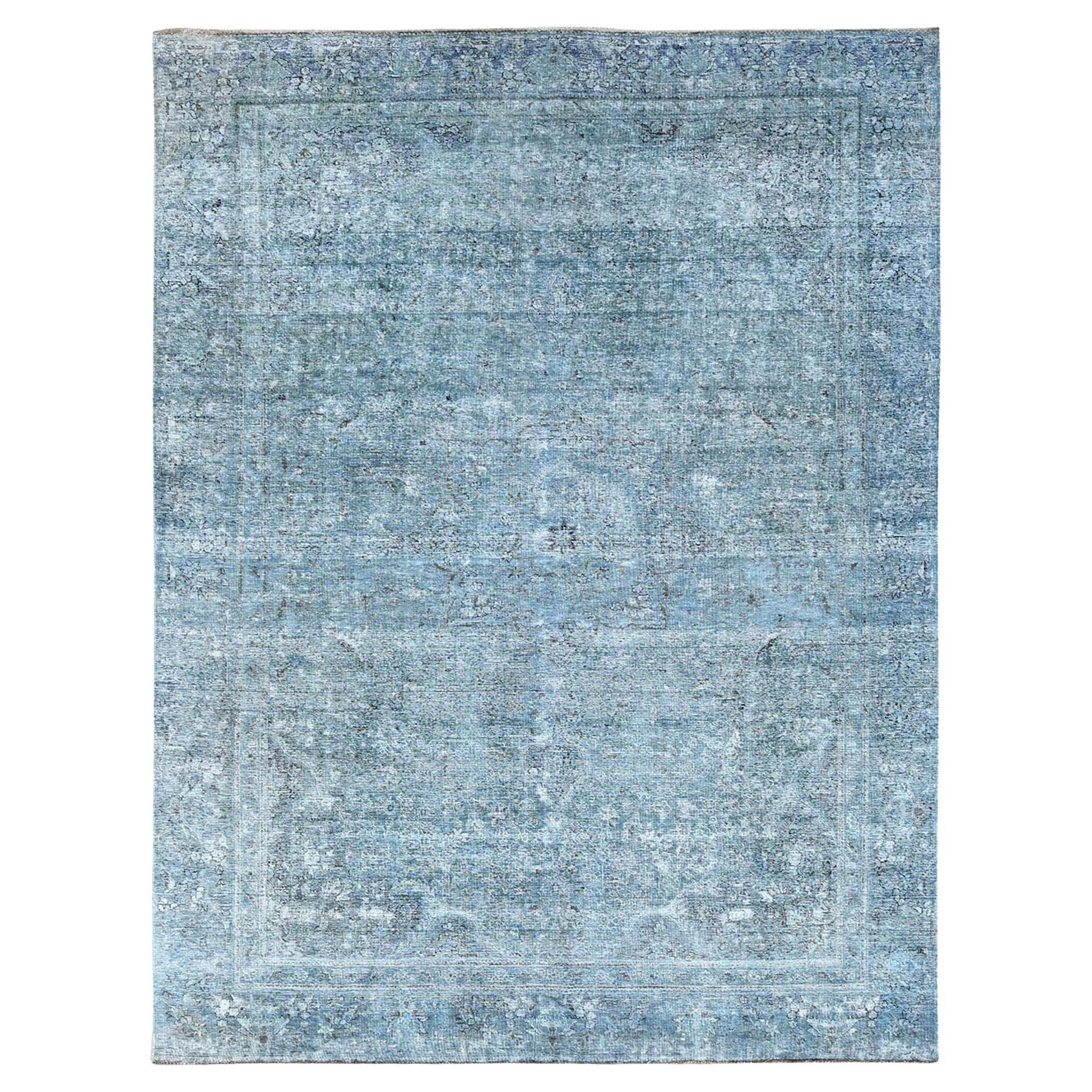 Blue Hand Knotted Overdyed Old Persian Tabriz Shaved Down Rustic Look ...