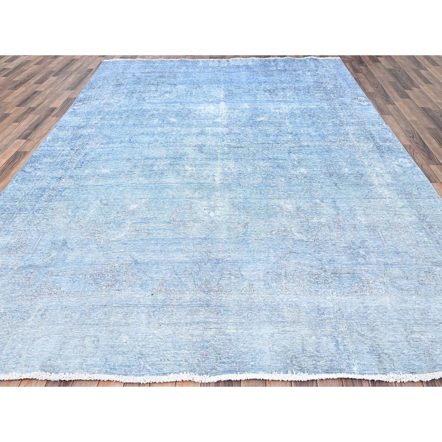 Medieval Blue Hand Knotted Overdyed Old Persian Tabriz Worn Down Rustic Look Wool Rug For Sale