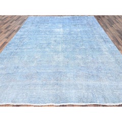 Blue Hand Knotted Overdyed Old Zoroastrian Tebraz Worn Down Rustic Look Wool Rug