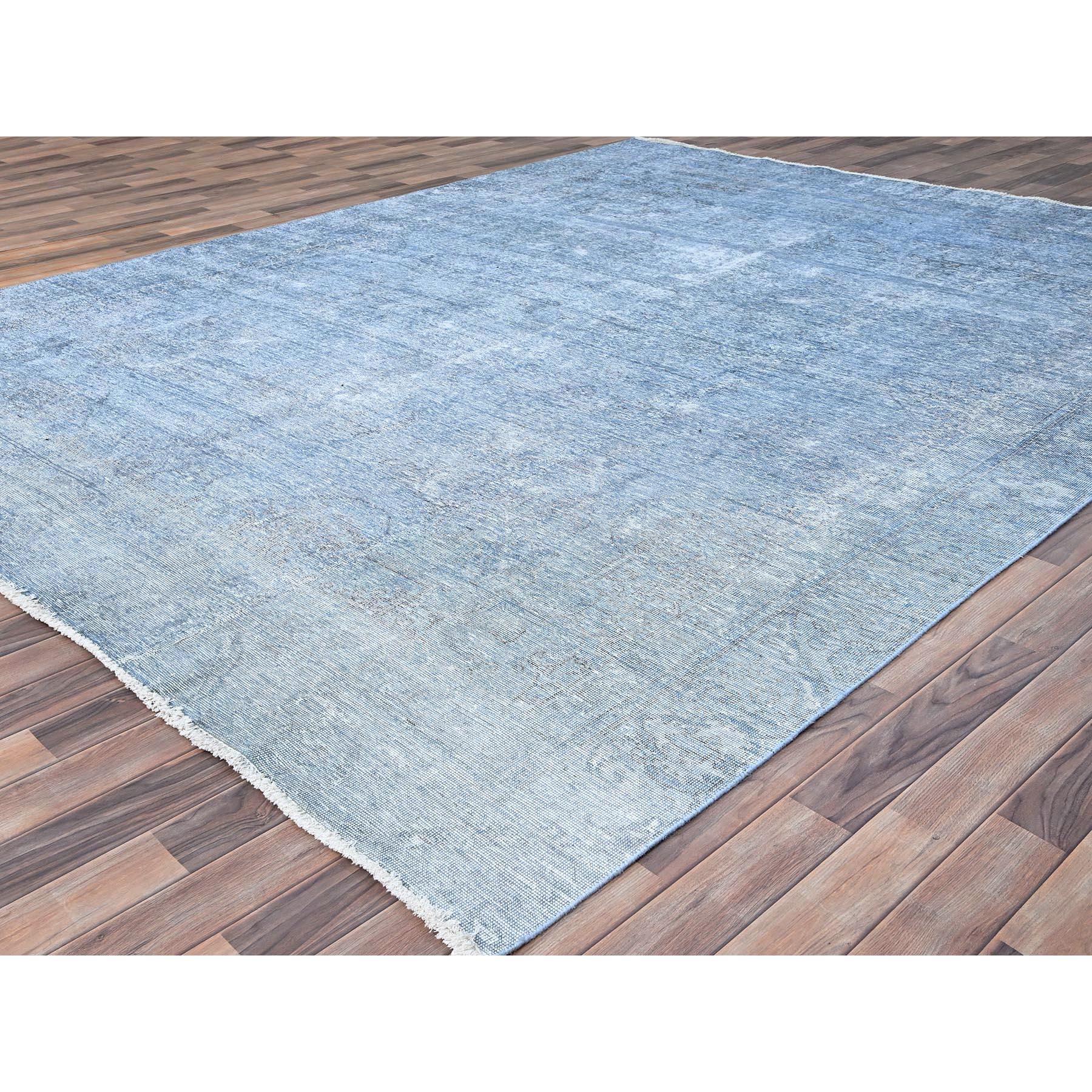 Hand-Knotted Blue Hand Knotted Overdyed Old Persian Tabriz Worn Down Rustic Look Wool Rug For Sale