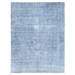 Tapis de laine bleu surteint Old Persian Tabriz Worn Down Rustic Look, noué à la main