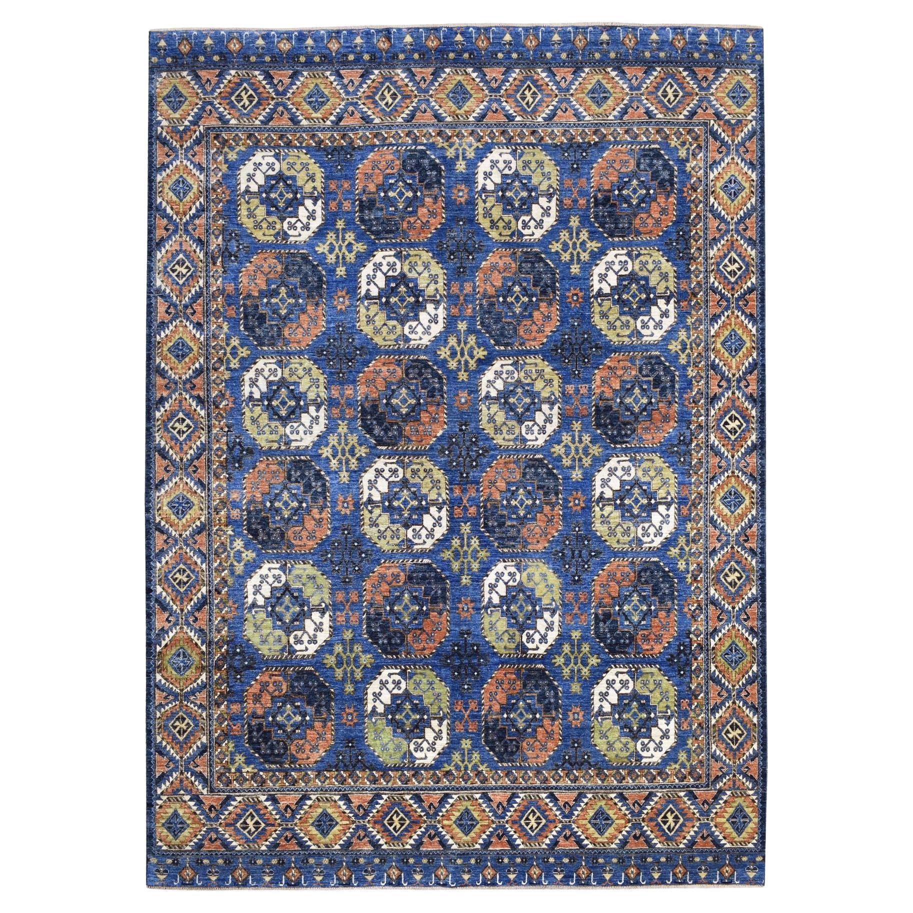 Blue Hand Knotted Pure Wool Afghan Ersari Elephant Feet Design Rug 9'5" x 12'0"