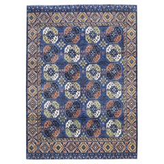 Blue Hand Knotted Pure Wool Afghan Ersari Elephant Feet Design Rug 9'5" x 12'0"