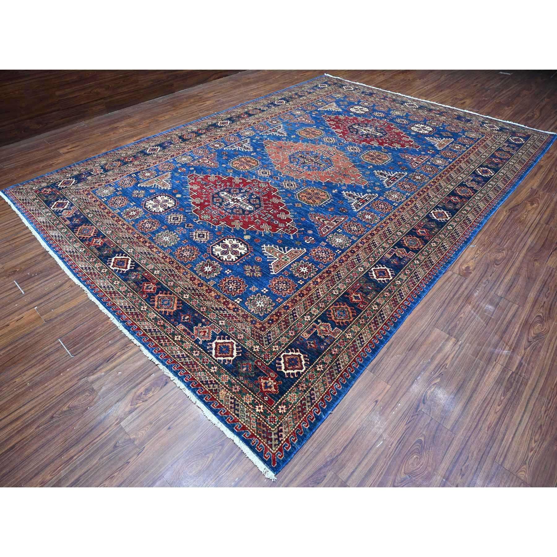 Kazakh Tapis oriental bleu noué à la main avec triple médaillon Super Kazak 9'8