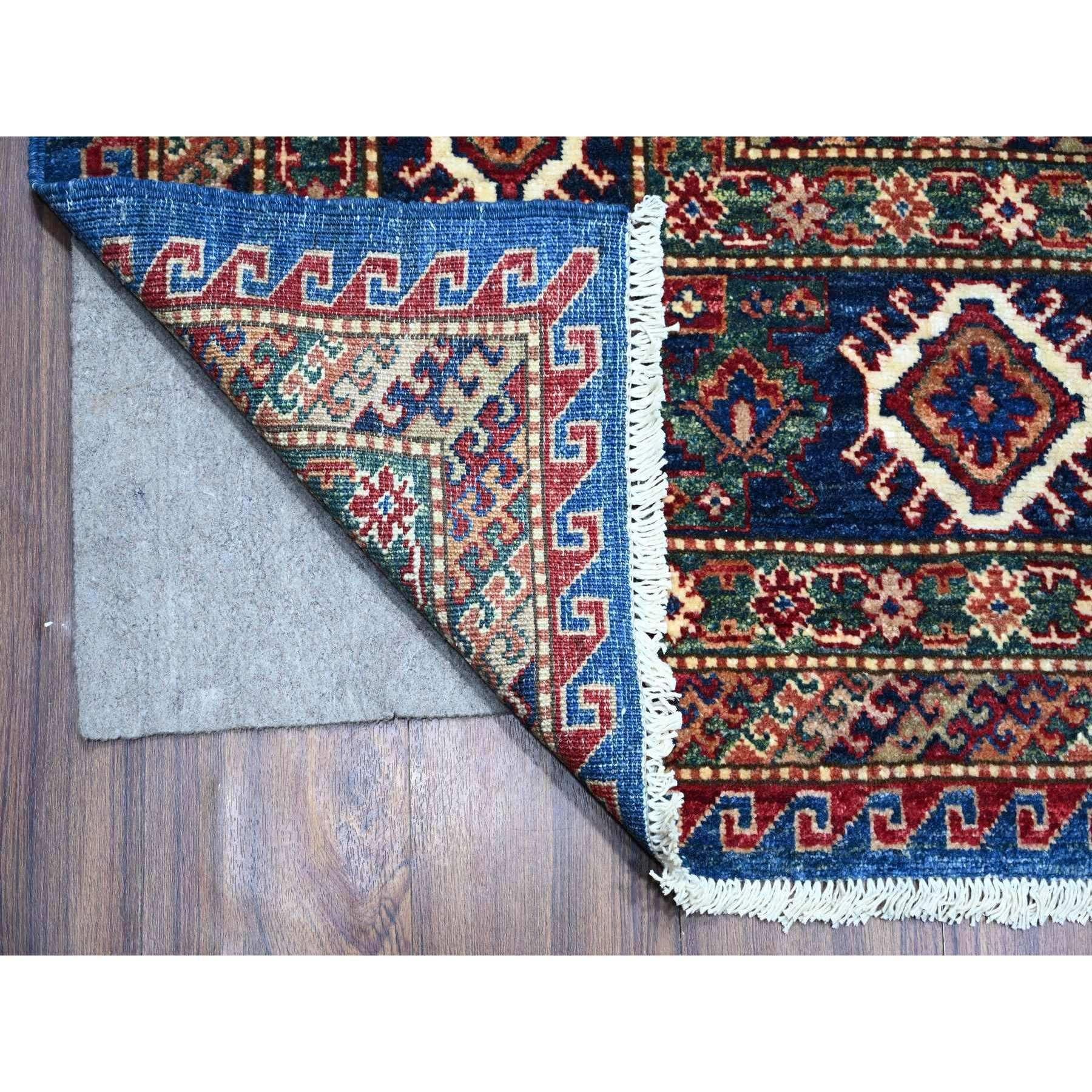 Afghan Tapis oriental bleu noué à la main avec triple médaillon Super Kazak 9'8