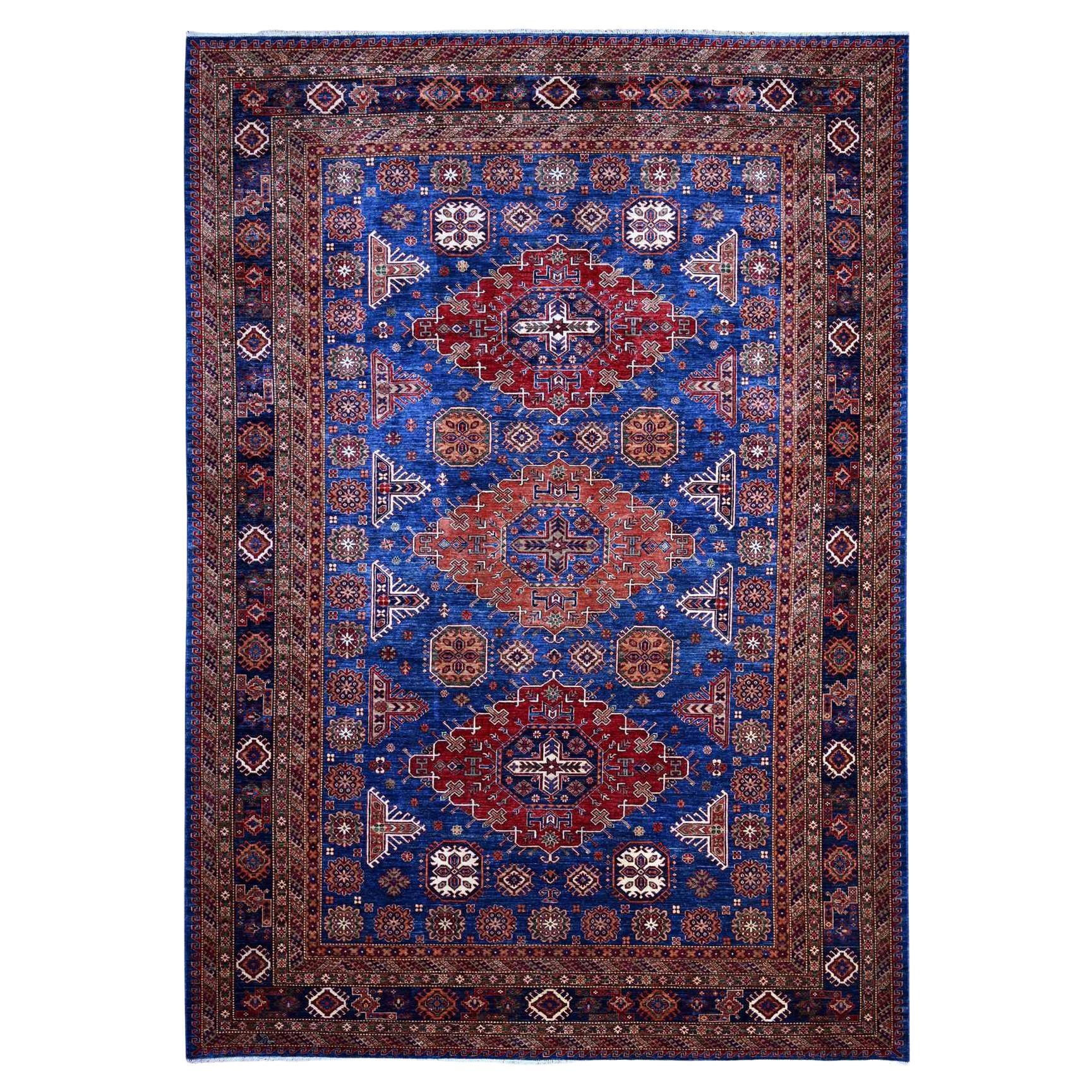 Blue Hand Knotted Triple Medallion Super Kazak Wool Oriental Rug 9'8" x 13'7"