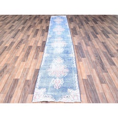 Blue Hand Knotted Vintage Persian Kerman Worn Down Pure Wool Cleaned Runner Rug