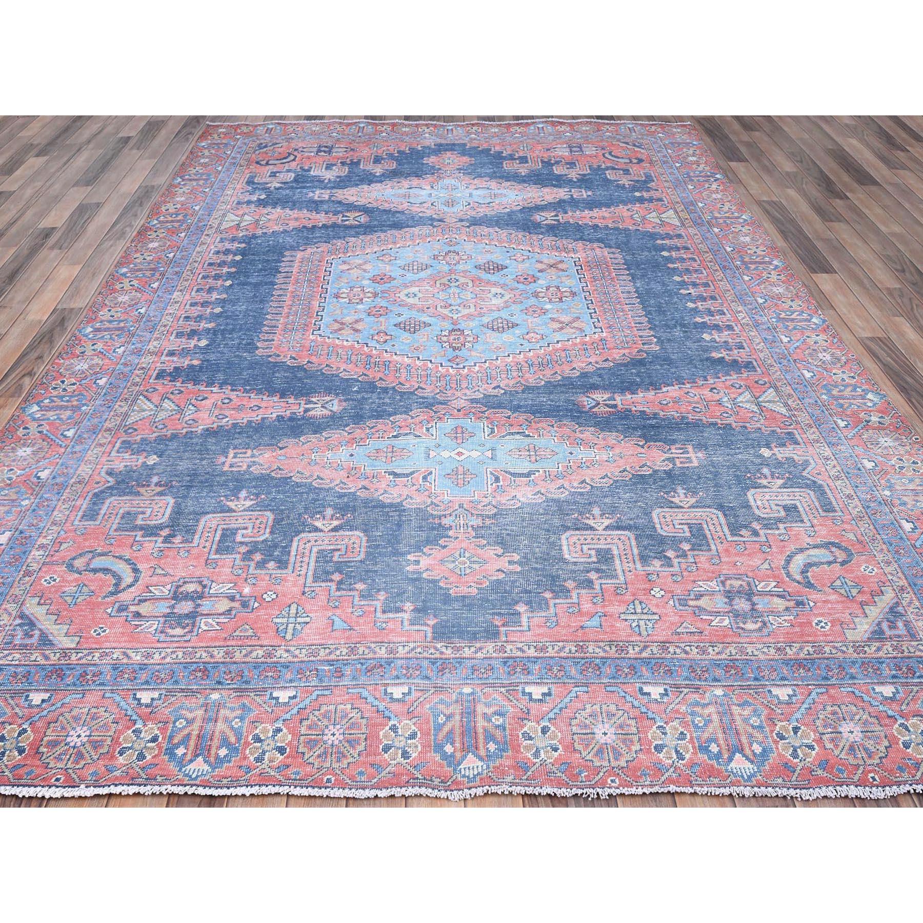 Hand-Knotted Blue Hand Knotted Vintage Persian Viss Design Worn Down Rustic Feel Wool Rug For Sale