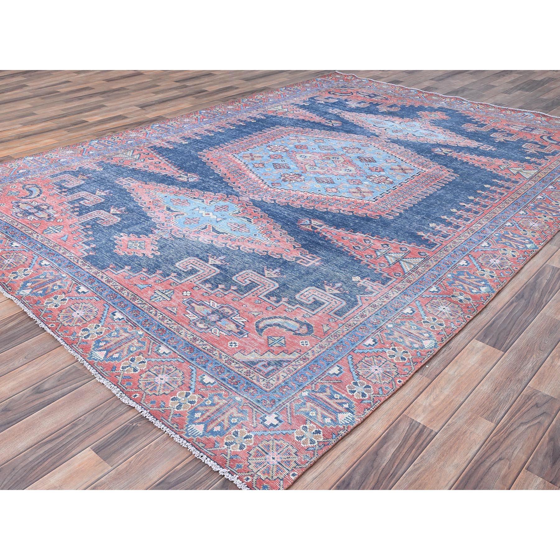 Blue Hand Knotted Vintage Persian Viss Design Worn Down Rustic Feel Wool Rug In Fair Condition For Sale In Carlstadt, NJ