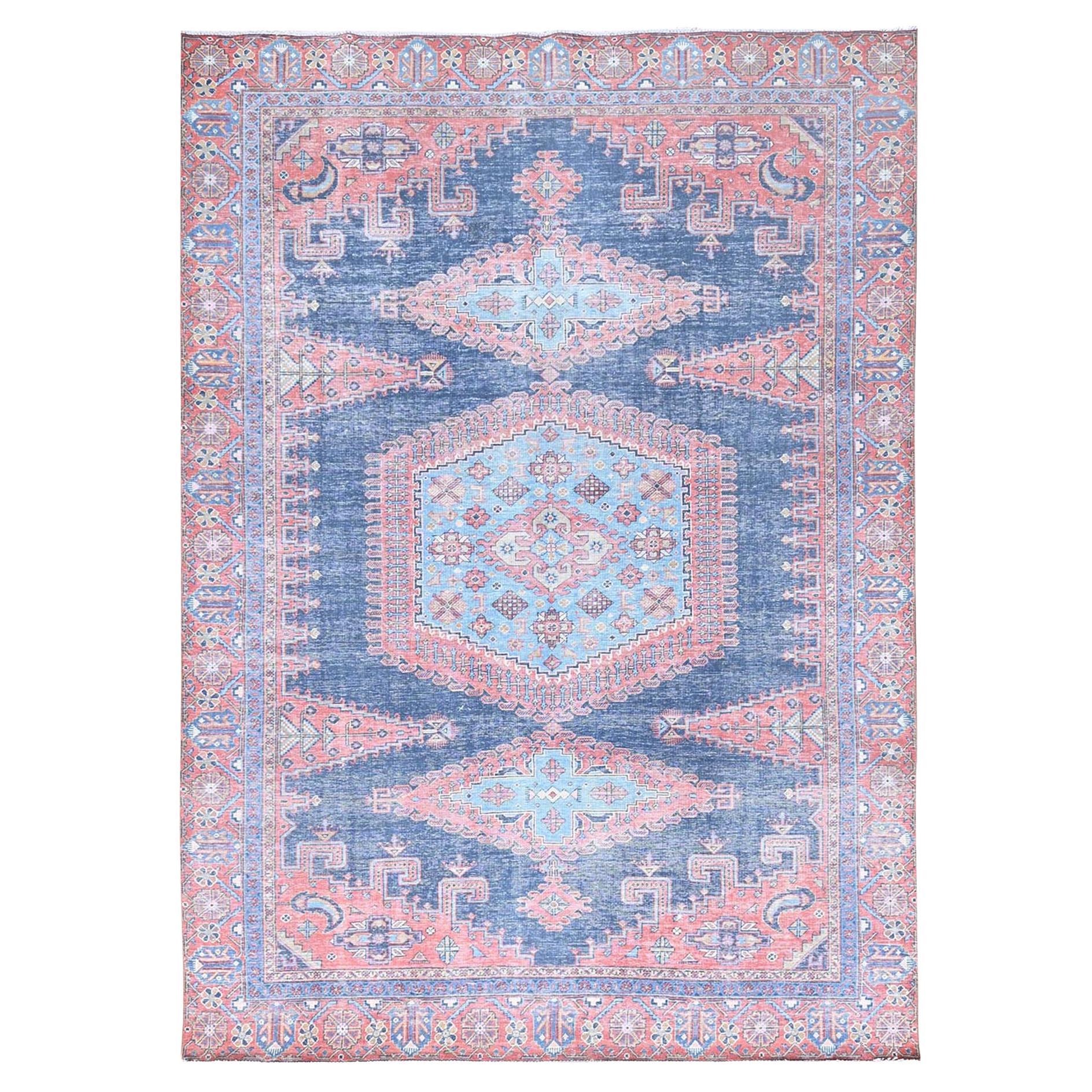 Blue Hand Knotted Vintage Persian Viss Design Worn Down Rustic Feel Wool Rug For Sale