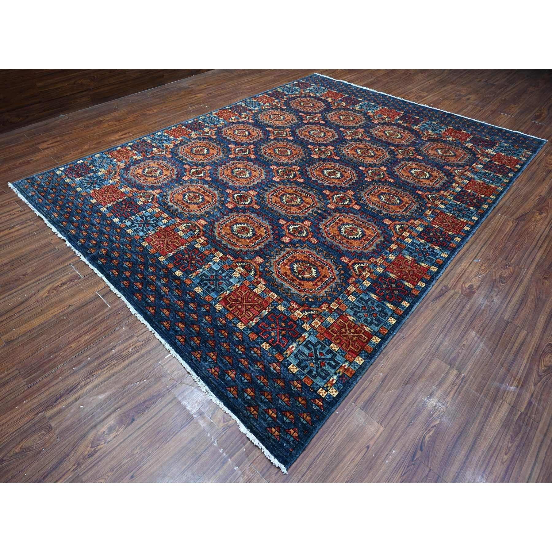 Medieval Blue Hand Knotted Wool Afghan Ersari Elephant Feet Oriental Rug 9'0