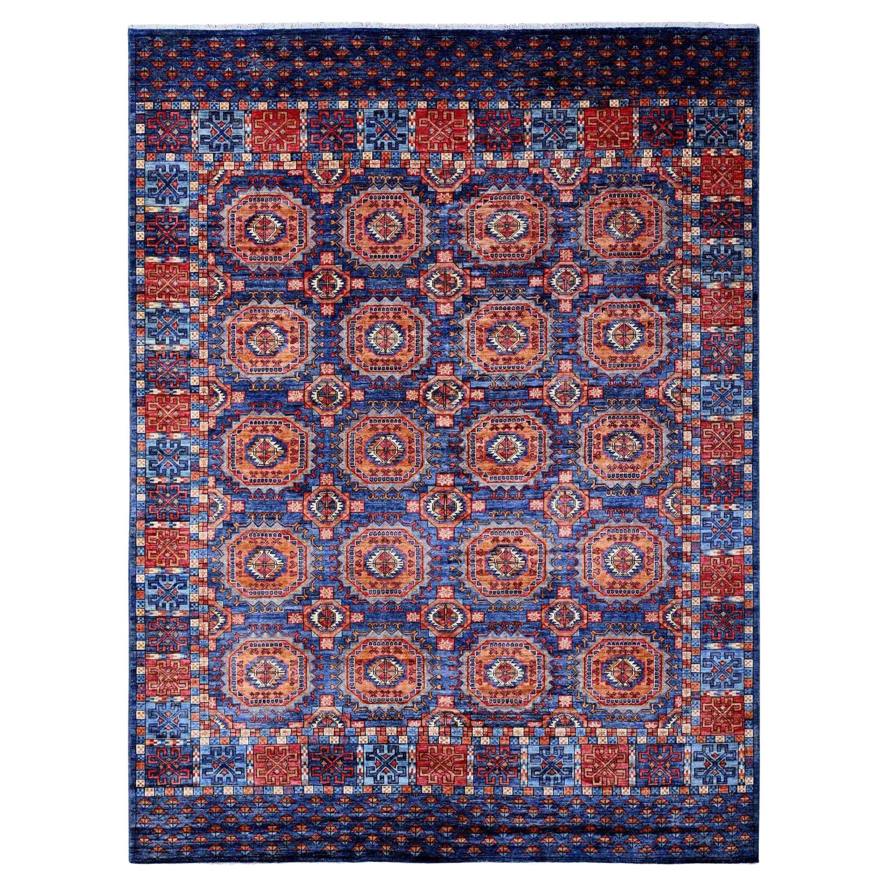 Blue Hand Knotted Wool Afghan Ersari Elephant Feet Oriental Rug 9'0" x 11'10"