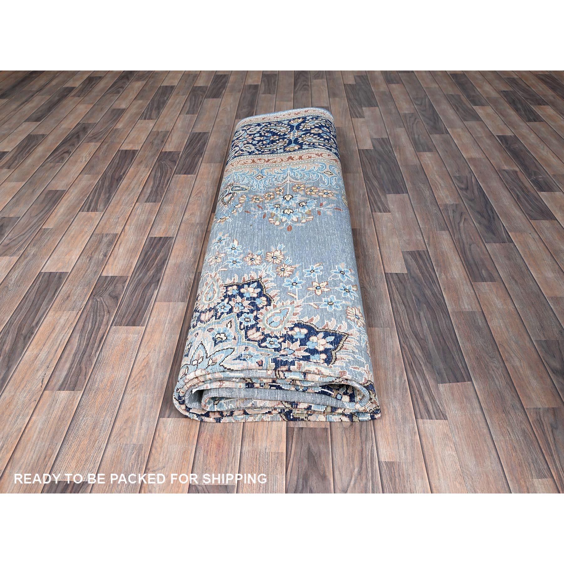 Blue Hand Knotted Wool Clean Vintage Persian Kerman Sheared Low Rustic Feel Rug For Sale 5
