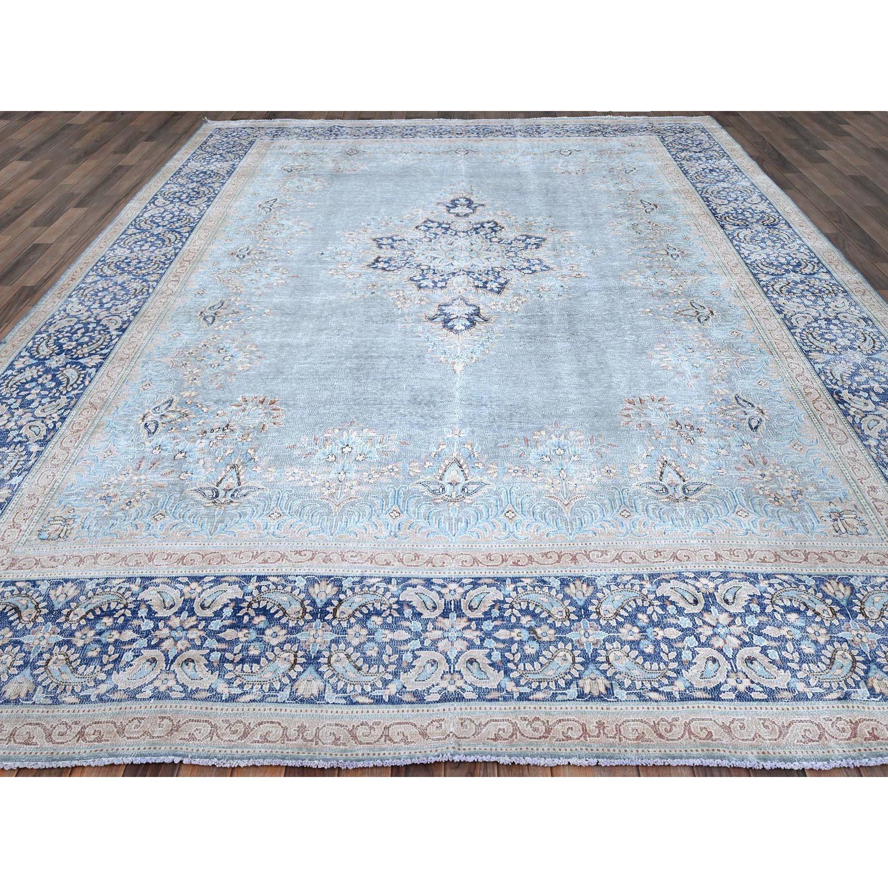 Hand-Knotted Blue Hand Knotted Wool Clean Vintage Persian Kerman Sheared Low Rustic Feel Rug For Sale