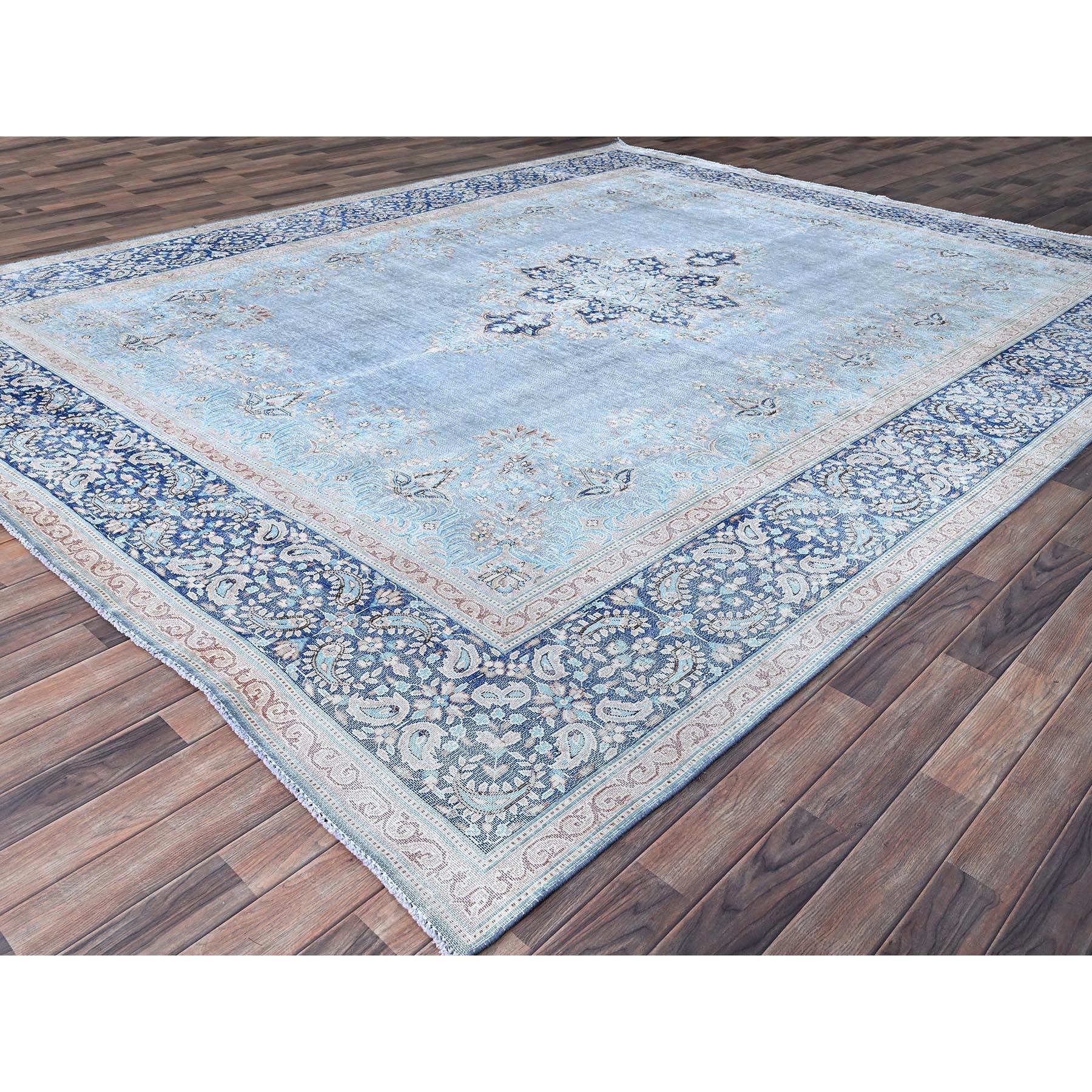 Blue Hand Knotted Wool Clean Vintage Persian Kerman Sheared Low Rustic Feel Rug In Excellent Condition For Sale In Carlstadt, NJ