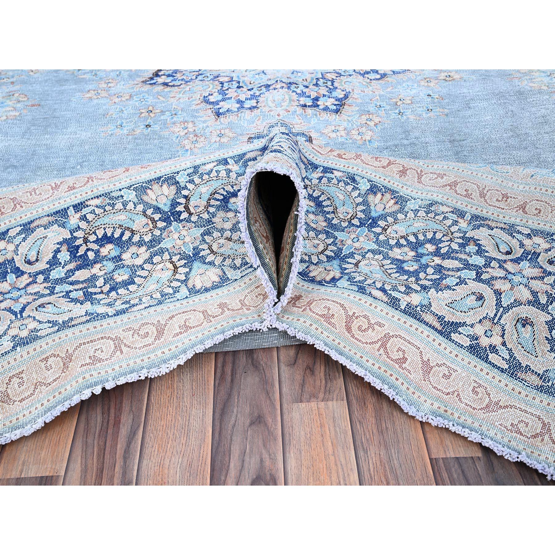 Blue Hand Knotted Wool Clean Vintage Persian Kerman Sheared Low Rustic Feel Rug For Sale 1
