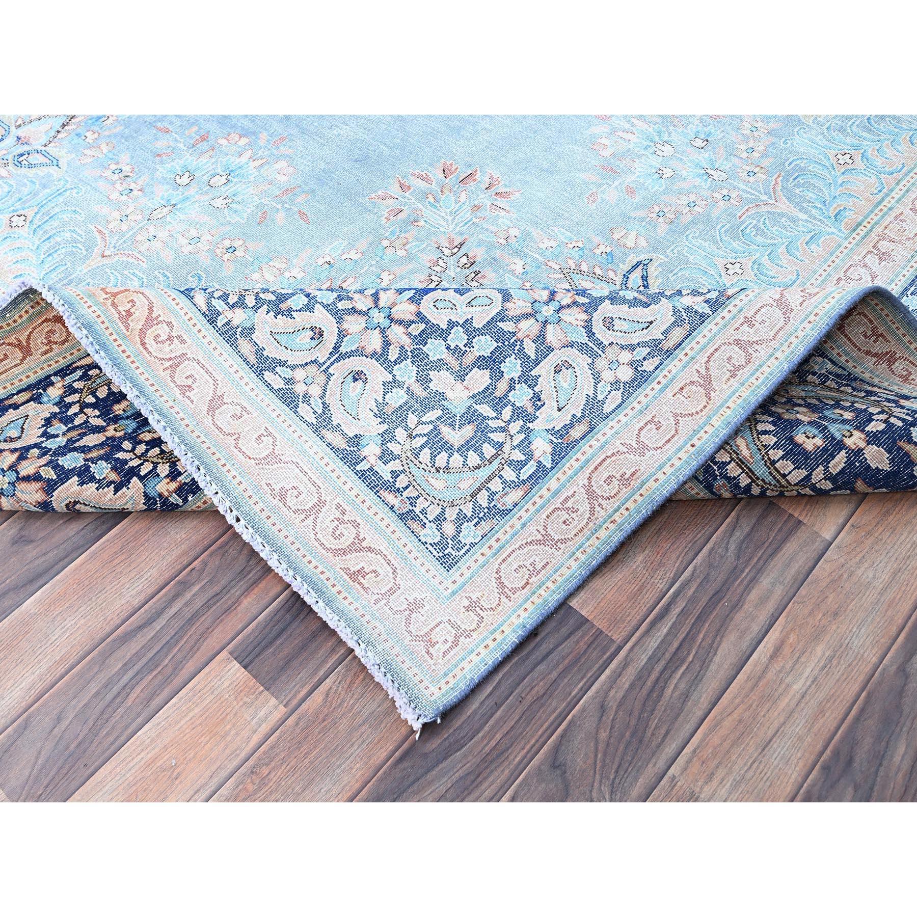 Blue Hand Knotted Wool Clean Vintage Persian Kerman Sheared Low Rustic Feel Rug For Sale 2