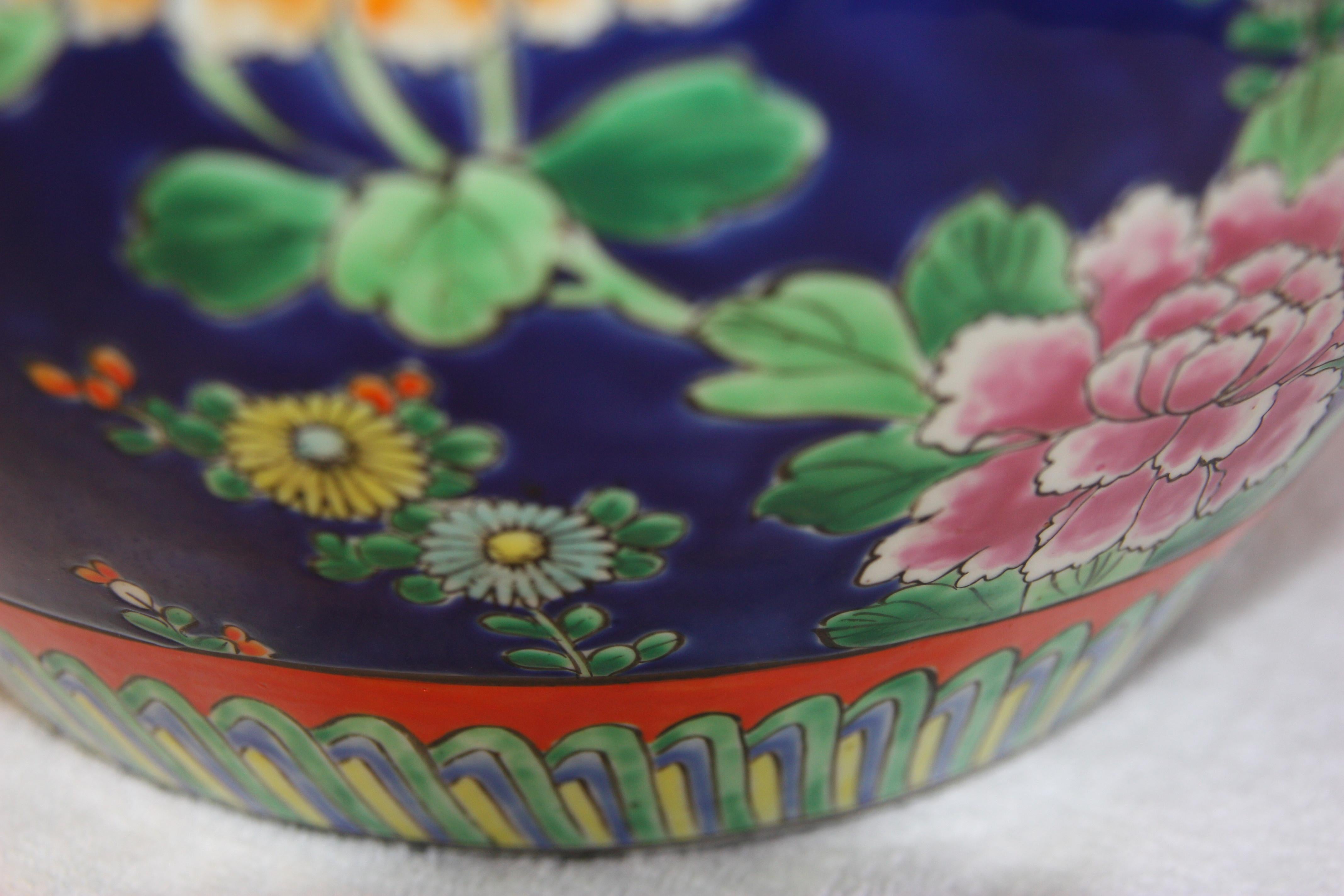 Chinese Export Blue Hand-painted Asian Jardinière with Flowers