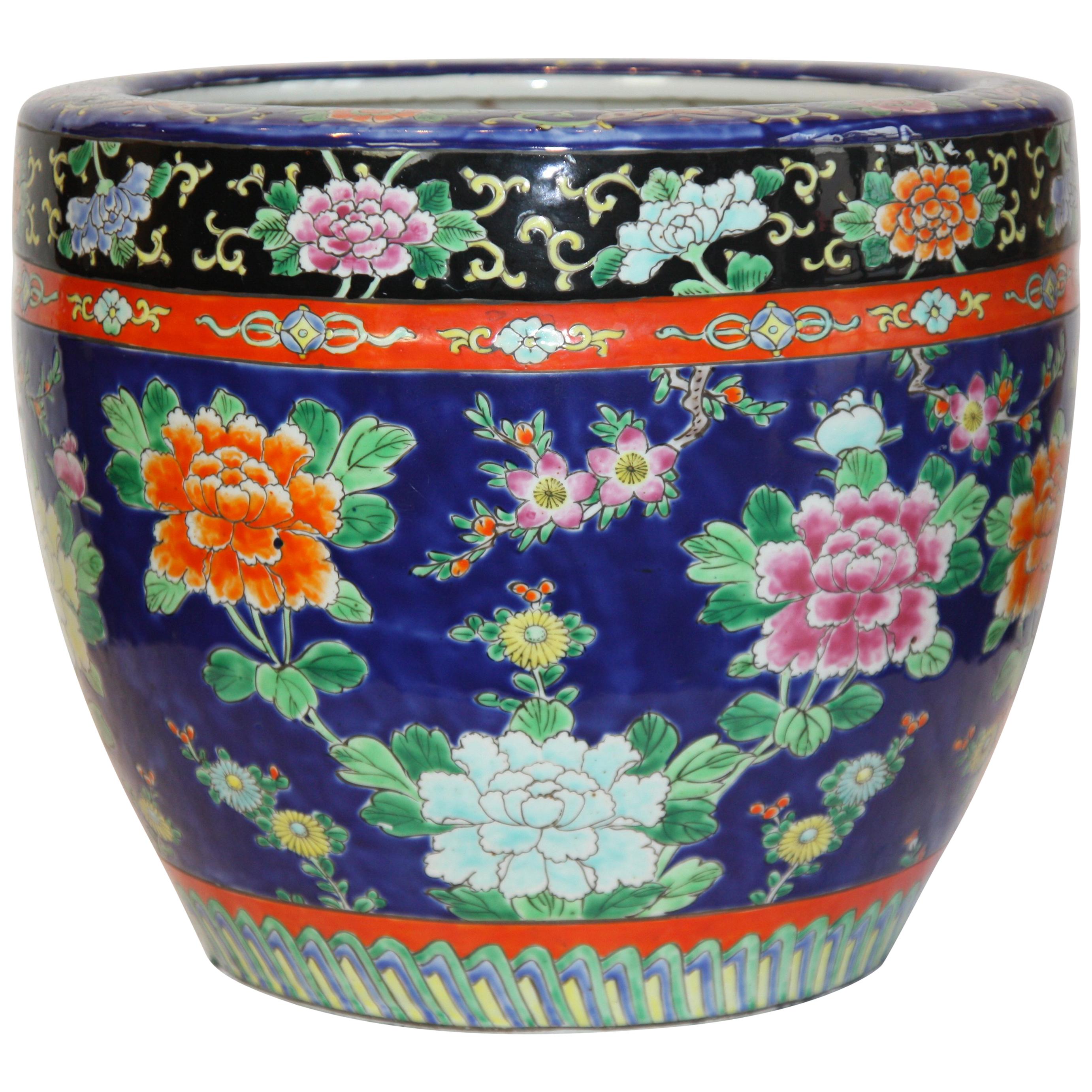 Blue Hand-painted Asian Jardinière with Flowers