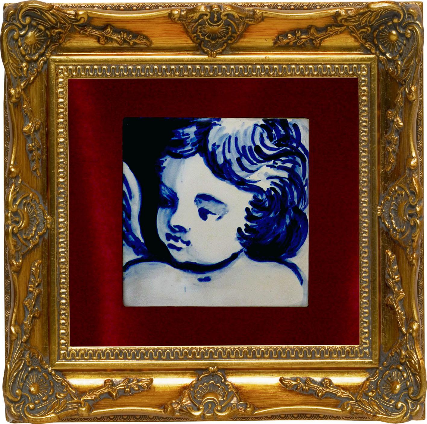 Glazed Blue Hand Painted Baroque Cherub or Angel Portuguese Ceramic Tile Azulejo