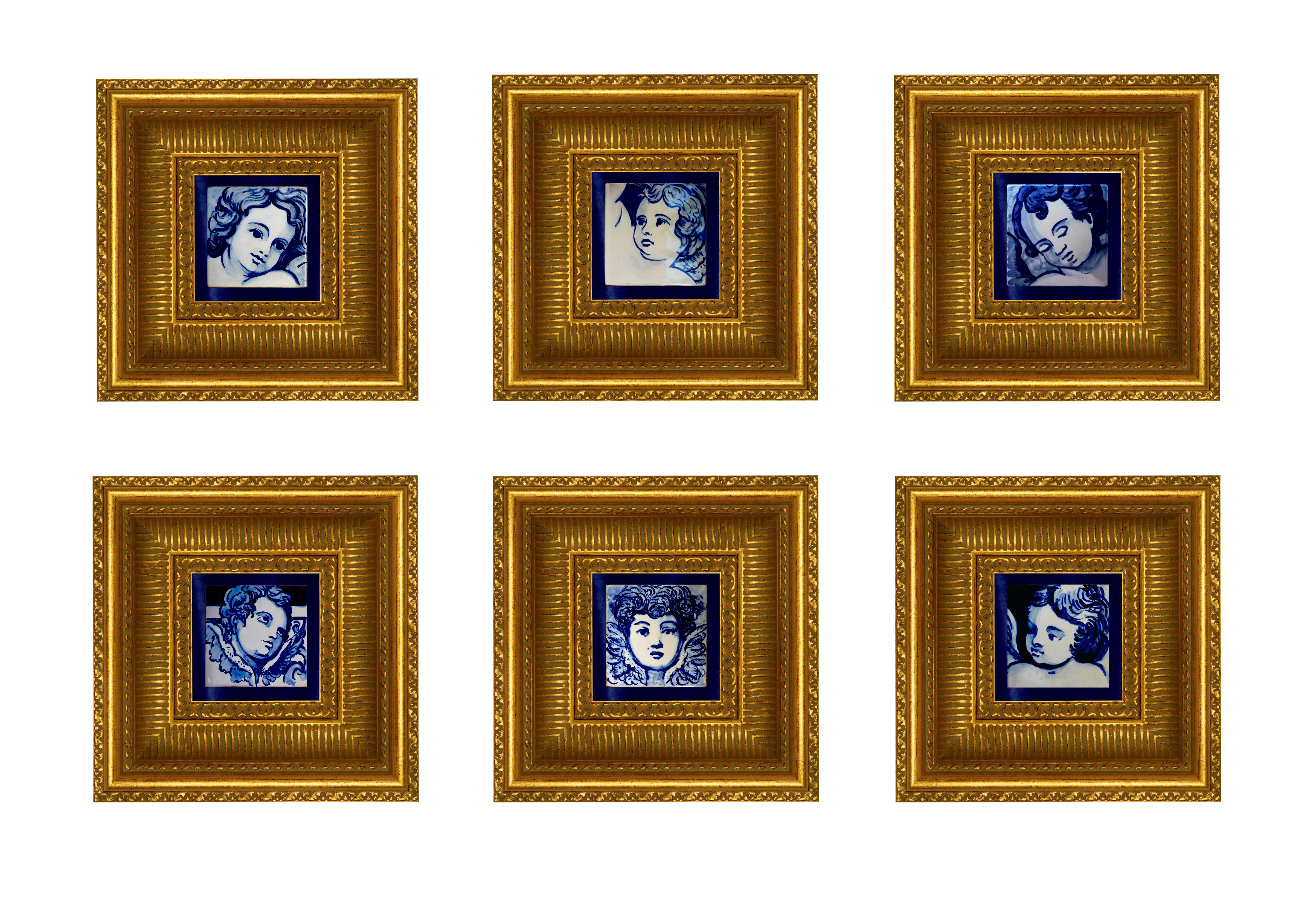 Glazed Blue Hand Painted Baroque Cherub or Angel Portuguese Ceramic Tile Azulejo For Sale