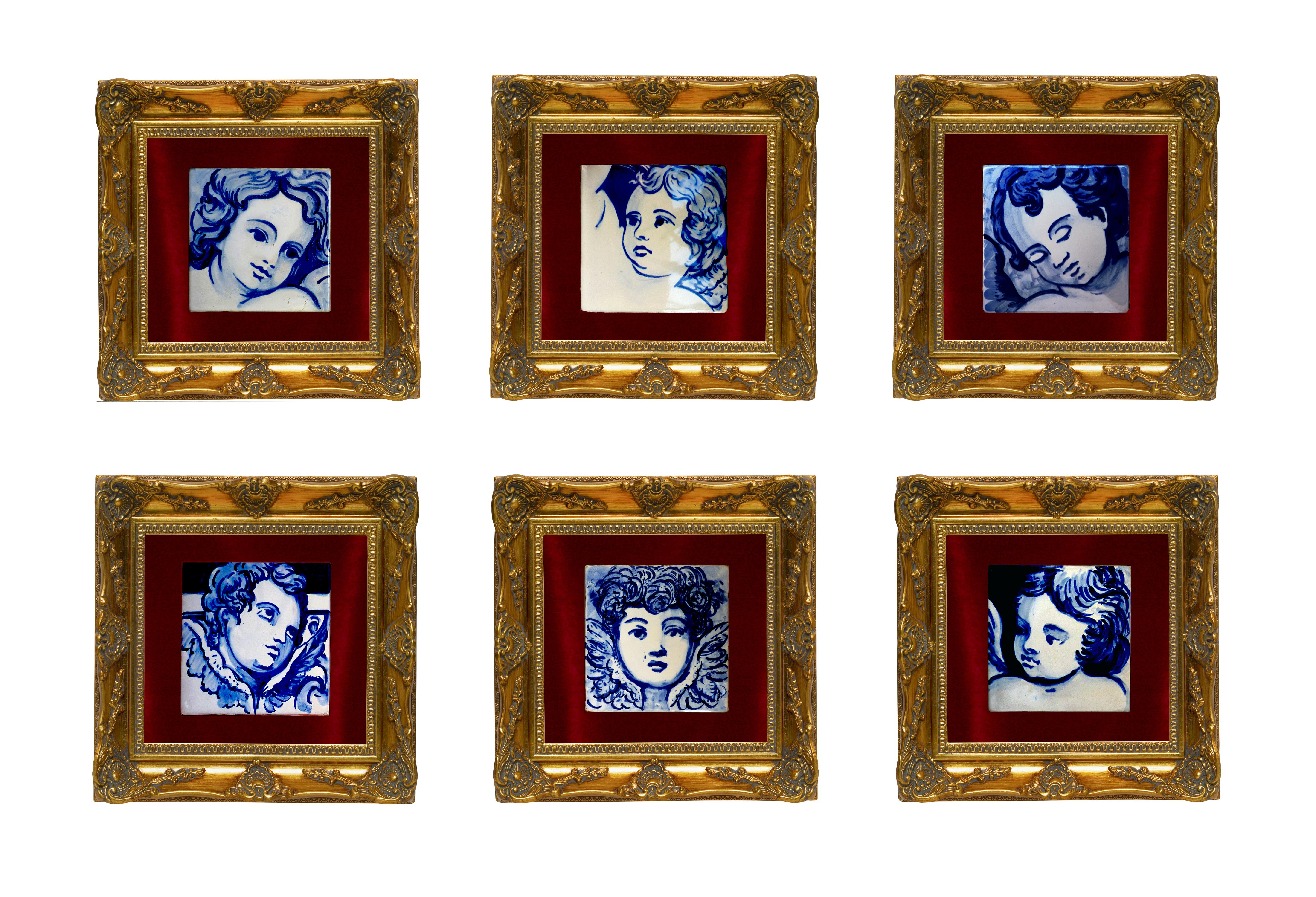 Blue Hand Painted Baroque Cherub or Angel Portuguese Ceramic Tile Azulejo In Good Condition For Sale In Coimbra, PT