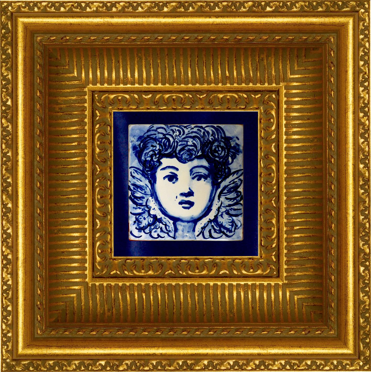 Gorgeous blue hand-painted baroque cherub or angel 18th century style Portuguese ceramic tile/Azulejo
The tile painted in cobalt blue over white in typical 18th century Portugal set the taste for monumental ceramic tile applications in churches and