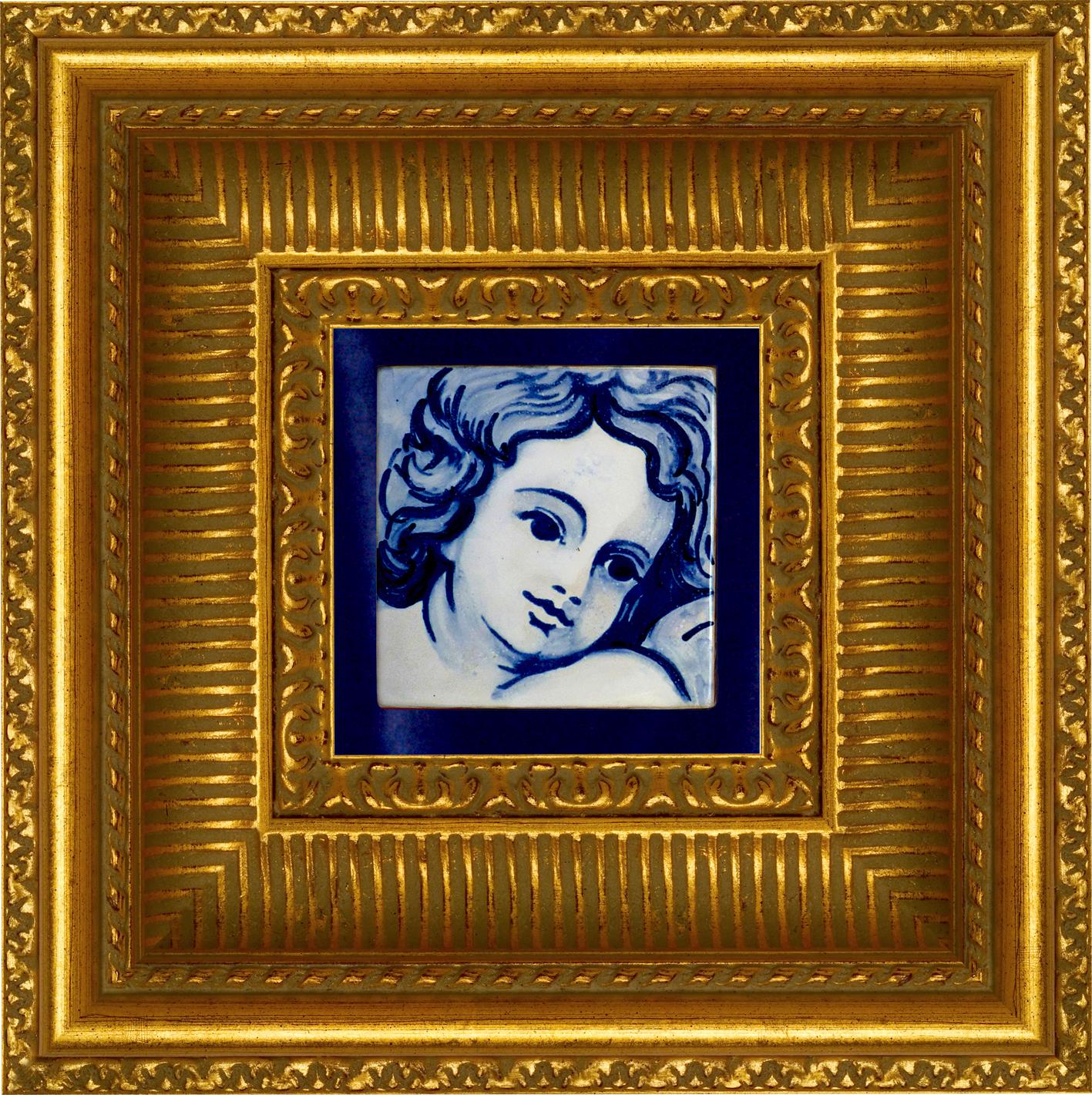 Gorgeous blue hand-painted Baroque cherub or angel 18th century style Portuguese ceramic tile/azulejo.
The tile painted in cobalt blue over white in typical 18th century Portugal set the taste for monumental ceramic tile applications in churches