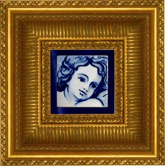 Blue Hand-Painted Baroque Cherub or Angel, Portuguese Ceramic Tile or Azulejo