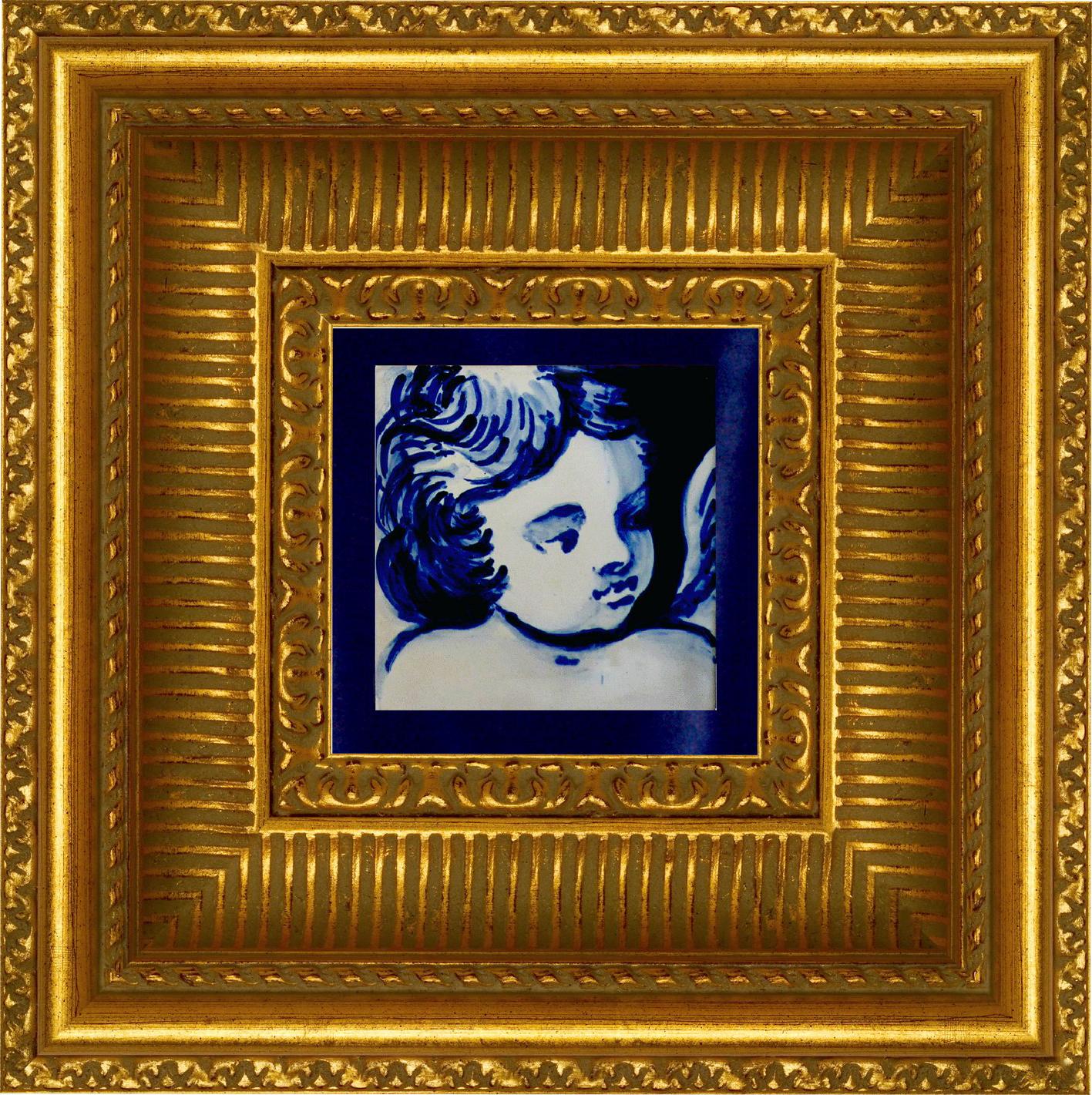 Gorgeous blue hand-painted baroque cherub or angel 18th century style Portuguese ceramic tile/Azulejo.
The tile painted in cobalt blue over white in typical 18th century Portugal set the taste for monumental ceramic tile applications in churches