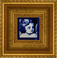 Blue Hand-Painted Baroque Cherub or Angel Portuguese Ceramic Tile or Azulejo