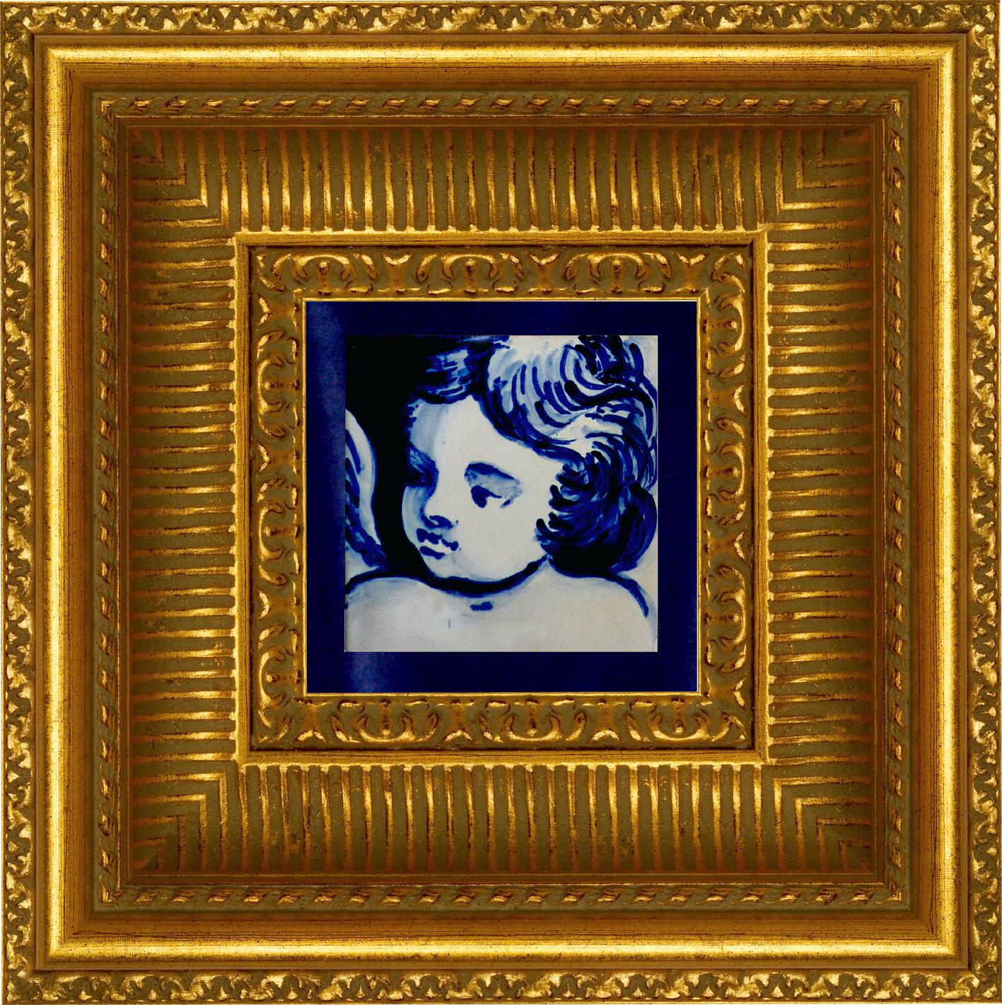 Gorgeous blue hand painted Baroque cherub or angel 18th century style Portuguese ceramic tile/azulejo.
The tile painted in cobalt blue over white in typical 18th century Portugal set the taste for monumental ceramic tile applications in churches