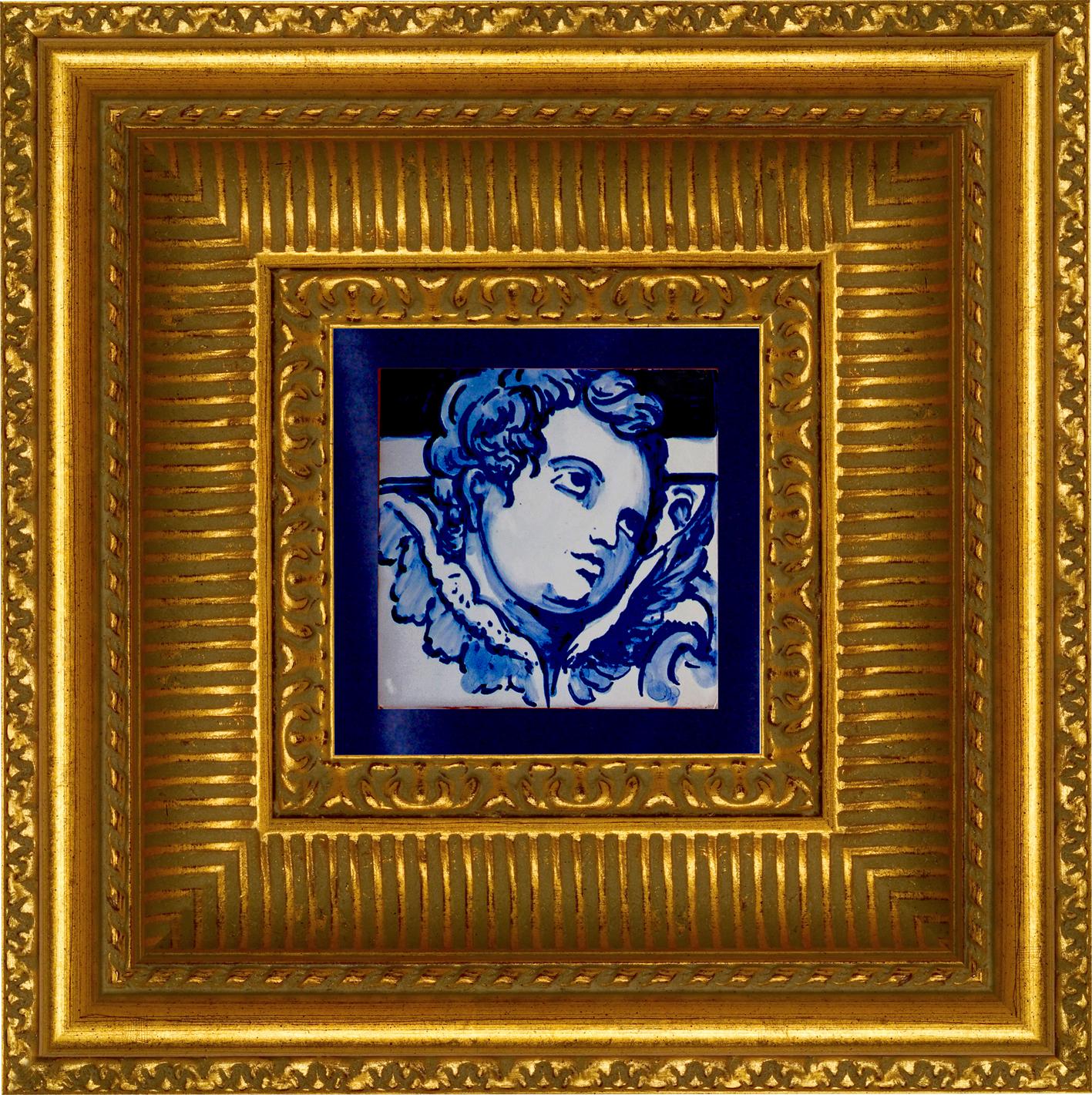 Gorgeous blue hand painted Baroque cherub or angel 18th century style Portuguese ceramic tile/azulejo
the tile painted in cobalt blue over white in typical 18th century Portugal set the taste for monumental ceramic tile applications in churches and