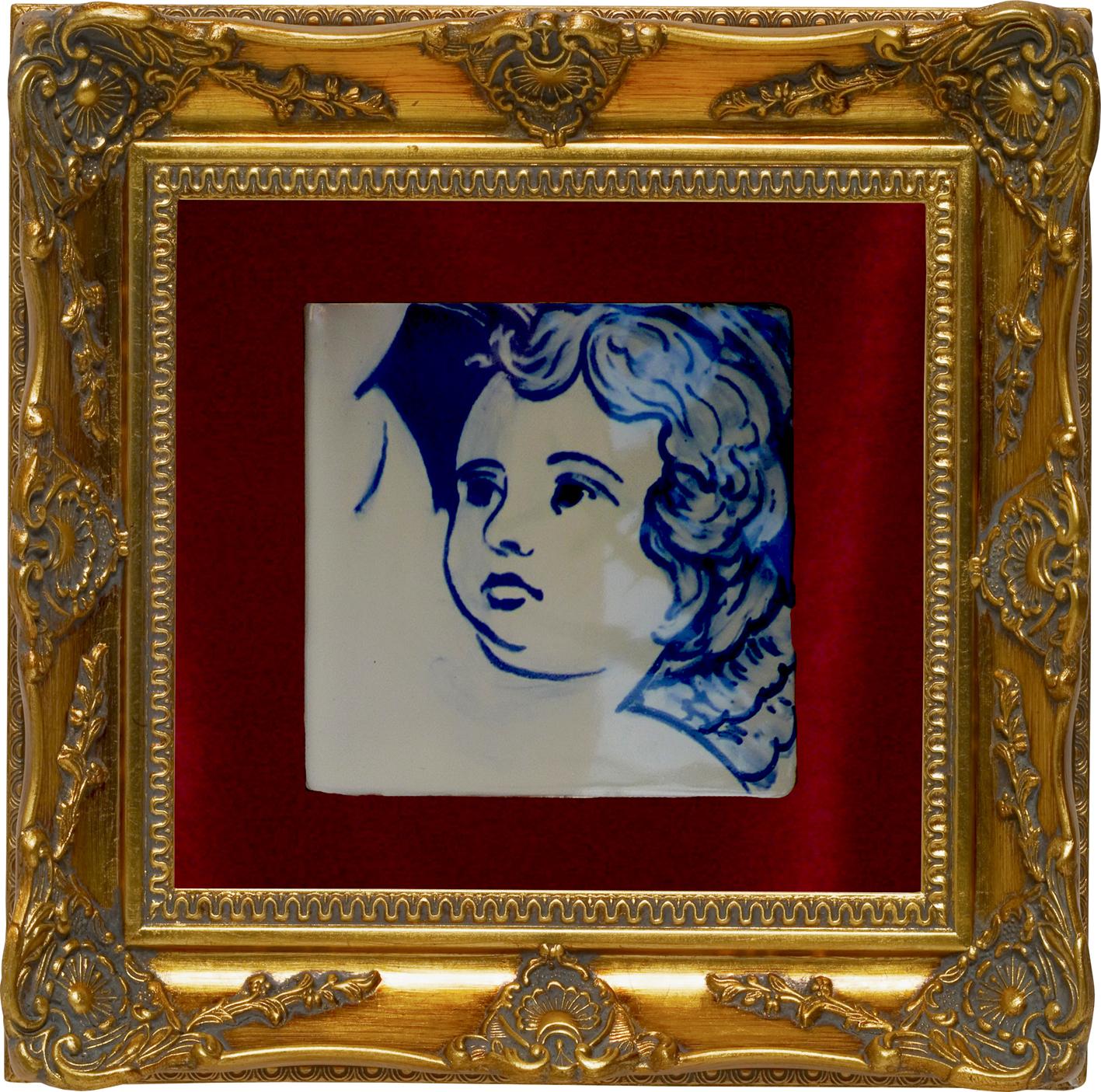 Gorgeous blue hand painted Baroque cherub or angel 18th century style Portuguese ceramic tile or Azulejo.
The tile painted in cobalt blue over white in typical 18th century Portugal set the taste for monumental ceramic tile applications in churches