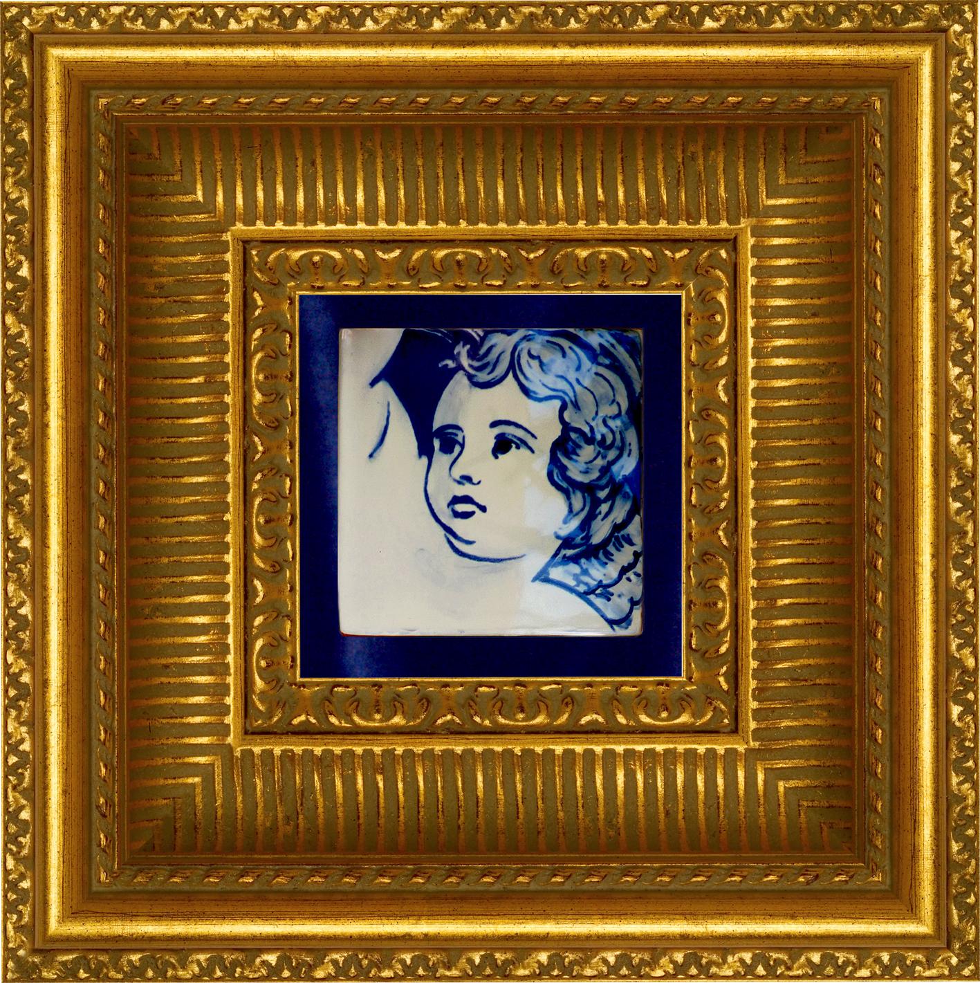 Gorgeous blue hand painted Baroque cherub or angel 18th century style Portuguese ceramic tile or Azulejo.
The tile painted in cobalt blue over white in typical 18th century Portugal set the taste for monumental ceramic tile applications in churches