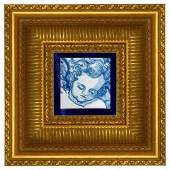 Blauer handbemalter Barock-Keramikfliesen oder Azulejo aus portugiesischer Keramik, Cherub oder Engel