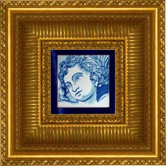 Blauer handbemalter Barock-Keramikfliesen oder Azulejo aus portugiesischer Keramik, Cherub oder Engel