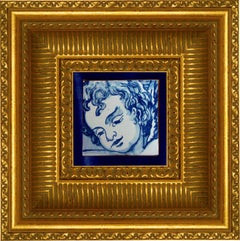 Blauer handbemalter Barock-Keramikfliesen oder Azulejo aus portugiesischer Keramik, Cherub oder Engel