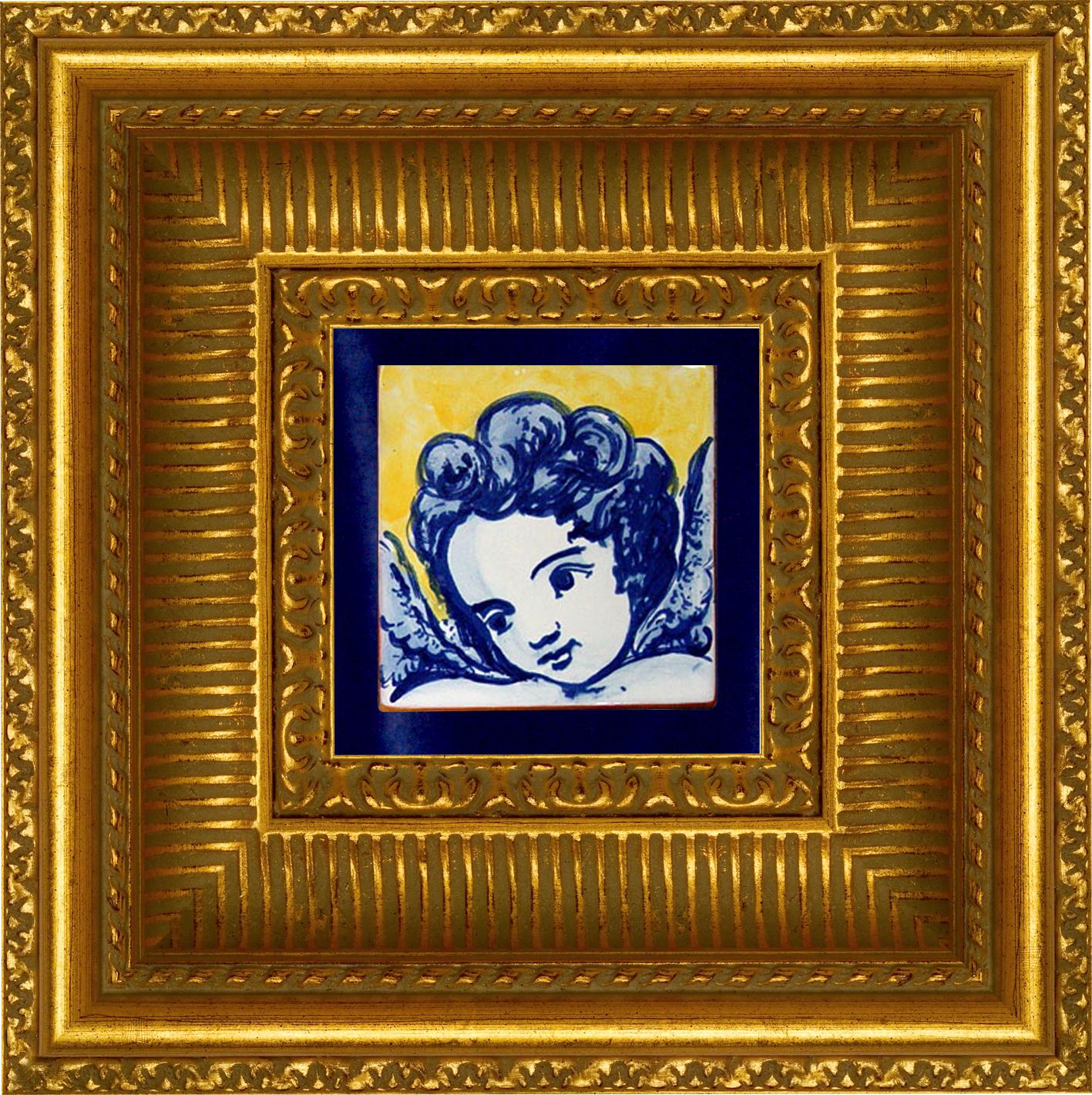 Gorgeous blue hand painted Baroque cherub or angel 18th century style Portuguese ceramic tile/azulejo
The tile painted in cobalt blue over white in typical 18th century Portugal set the taste for monumental ceramic tile applications in churches and