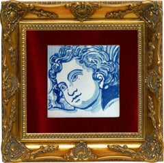 Blue Hand Painted Baroque Cherub or Angel Portuguese Ceramic Tile or Azulejo