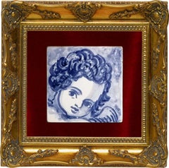 Blue Hand Painted Baroque Cherub or Angel Portuguese Ceramic Tile or Azulejo