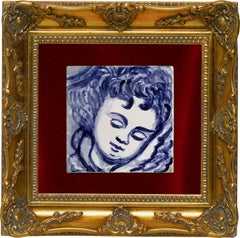 Blue Hand Painted Baroque Cherub or Angel Portuguese Ceramic Tile or Azulejo