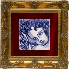 Blue Hand Painted Baroque Cherub or Angel Portuguese Ceramic Tile or Azulejo
