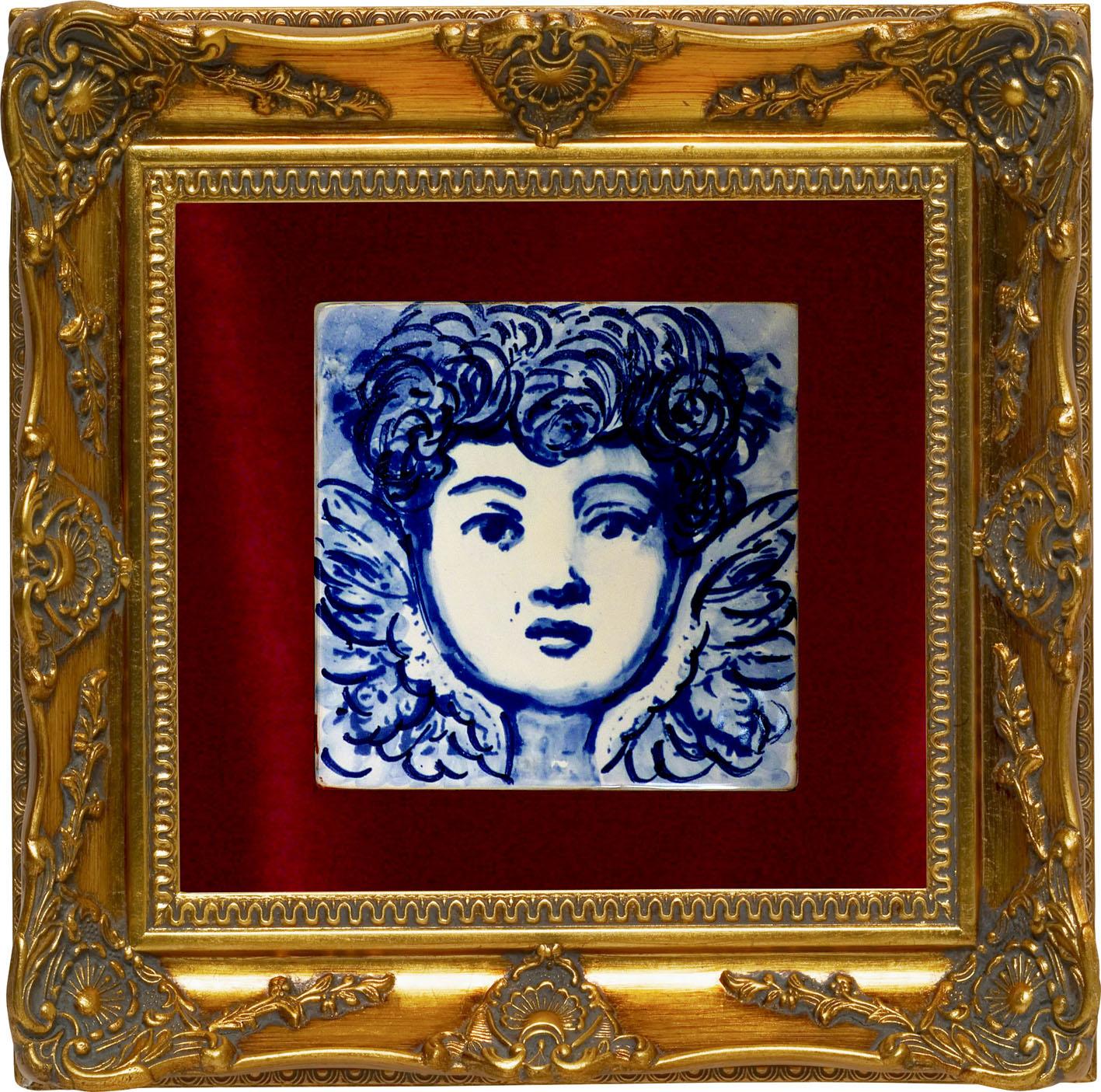 Glazed Blue Hand-Painted Baroque Cherub or Angel Portuguese Ceramic Tile or Azulejo