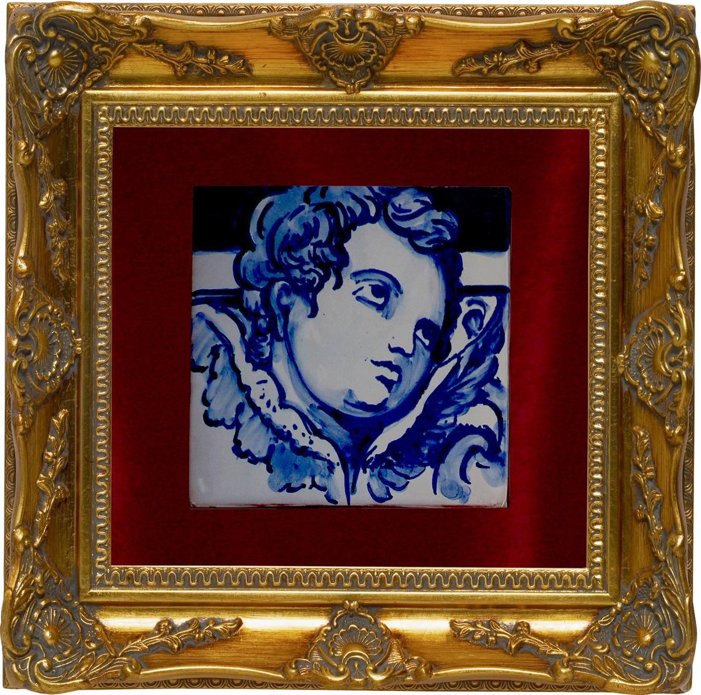 Glazed Blue Hand Painted Baroque Cherub or Angel Portuguese Ceramic Tile or Azulejo