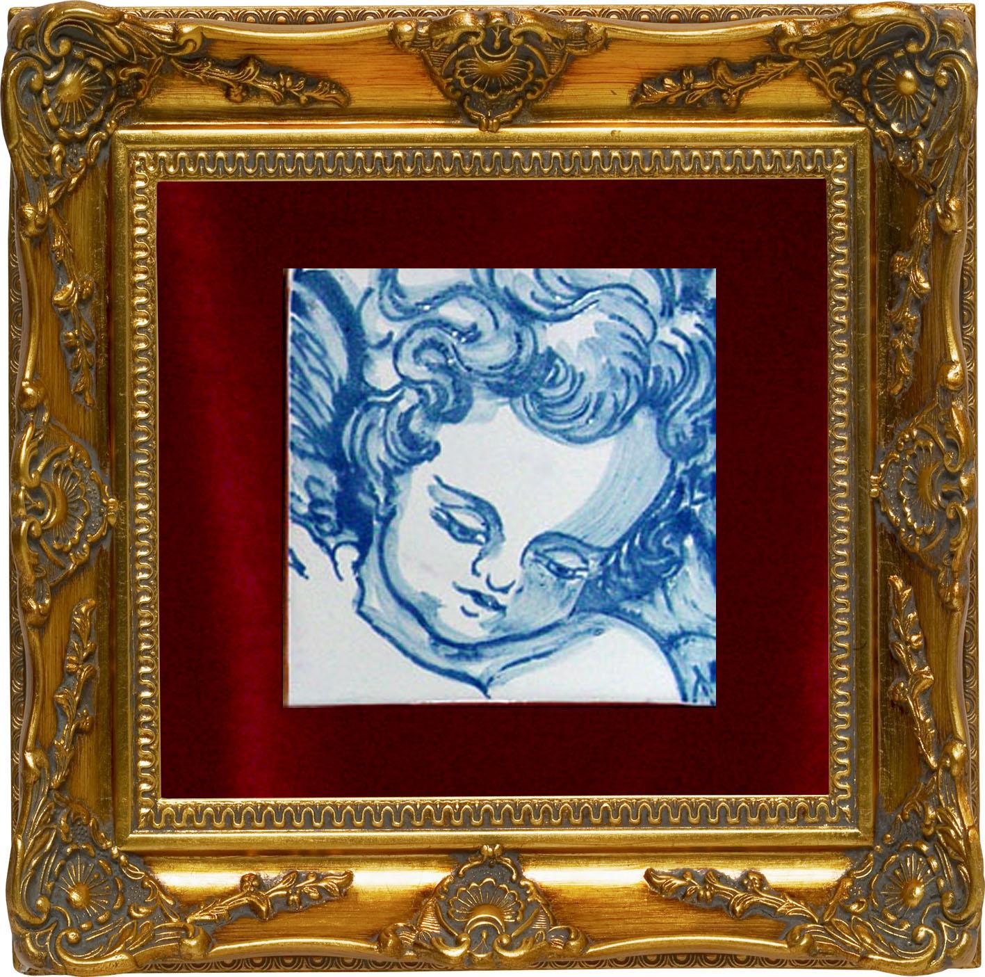 Glazed Blue Hand Painted Baroque Cherub or Angel Portuguese Ceramic Tile or Azulejo For Sale