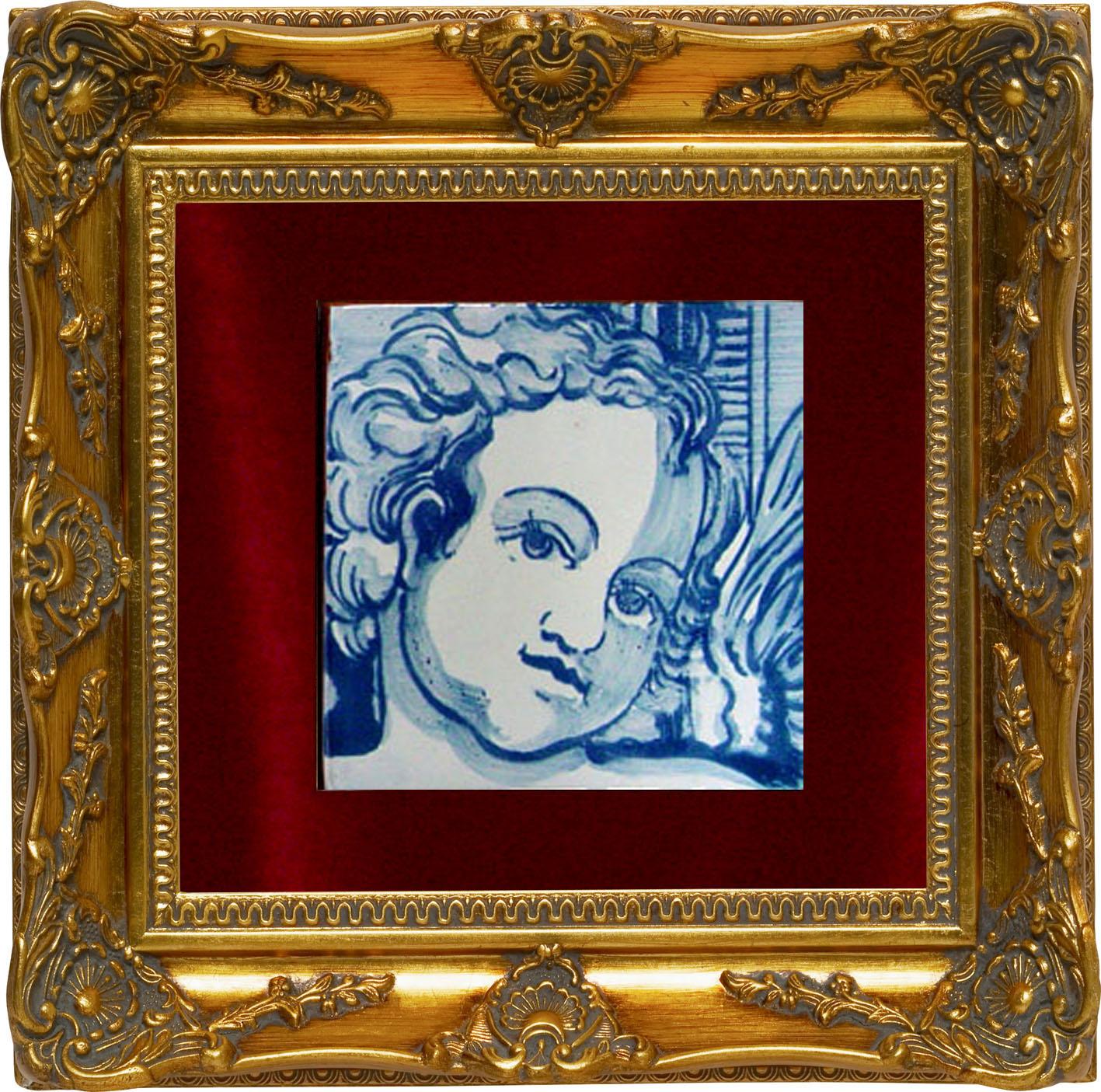 Baroque Tile ou Azulejo en céramique portugaise baroque bleu peint à la main représentant un chérubin ou un ange en vente